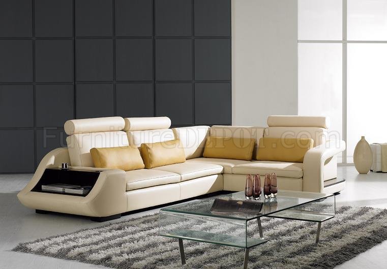 Beige Leather Modern Sectional Sofa w/Side Storage & Pillows