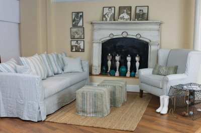 Blue & White Striped Fabric Classic Sofa & Oversize Chair