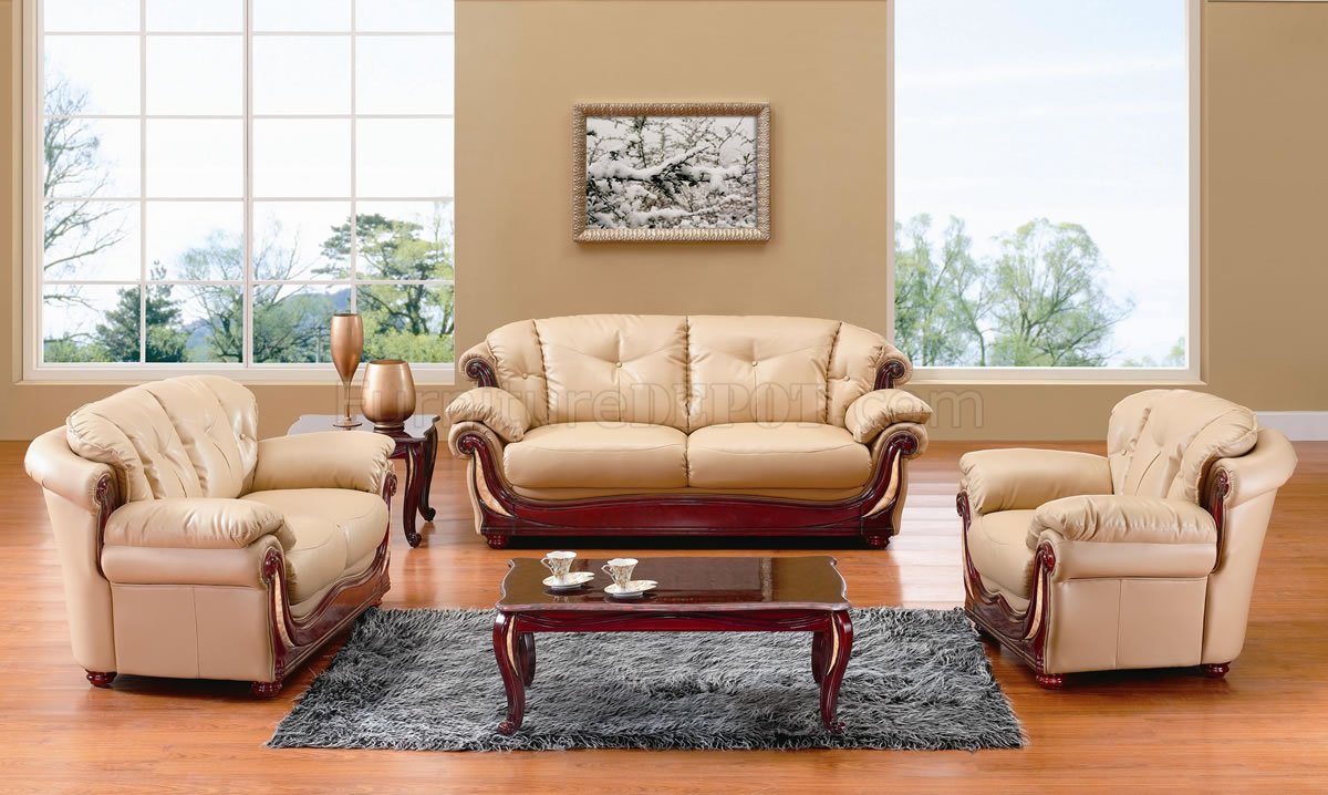 Beige Leather Classic Living Room W Cherry Wooden Accents