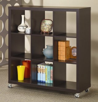 Cappuccino Finish Modern Bookcase w/Casters