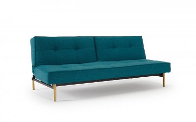 Splitback Eik Sofa Bed w/Arms in Aqua by Innovation w/Brass Legs