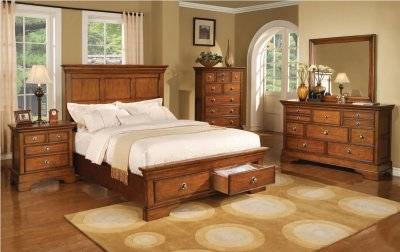 Light Brown Finish Traditional Style Bed w/Optional Casegoods