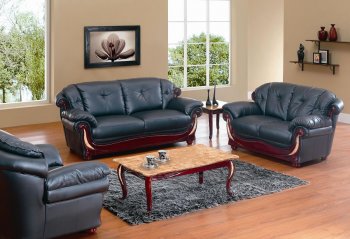 Cherry Wood Trim Black Leather Living Room Set 654