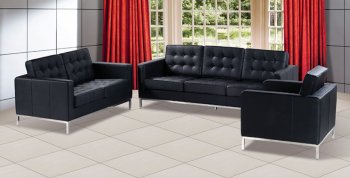 Black Button-Tufted Leather Living Room Set with Metal Legs [AHUS-F08 Black]