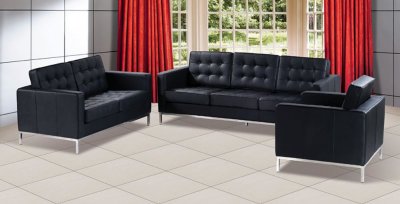 Black Button-Tufted Leather Living Room Set with Metal Legs