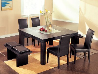 Dark Chocolate Color Square Shape Dinette Set With Glass Inlay