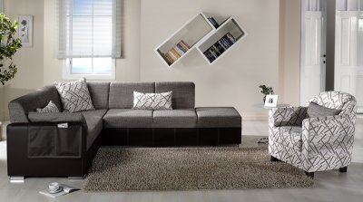 Brown Fabric & Leatherette Base Convertible Sectional Sofa Bed