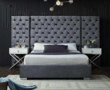 Grande Upholstered Bed in Grey Velvet Fabric by Meridian [MRB-Grande Grey]