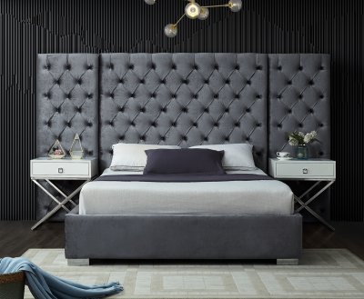 Grande Upholstered Bed in Grey Velvet Fabric by Meridian