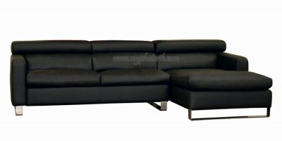 Black Leather Sectional Sofa with Tufted Sides