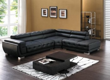 Black Bonded Leather Modern Sectional Sofa w/Adjustable Headrest [AESS-8097 Black]